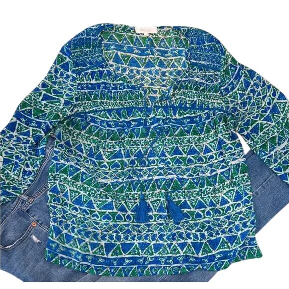 Vince Camuto Turquoise & Green Sheer Batik Tassel Boho Peasant Top - M - Picture 3 of 12